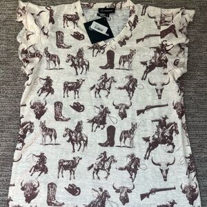 Women's Western Print Ruffle Sleeve Blouse - Cream and Brown